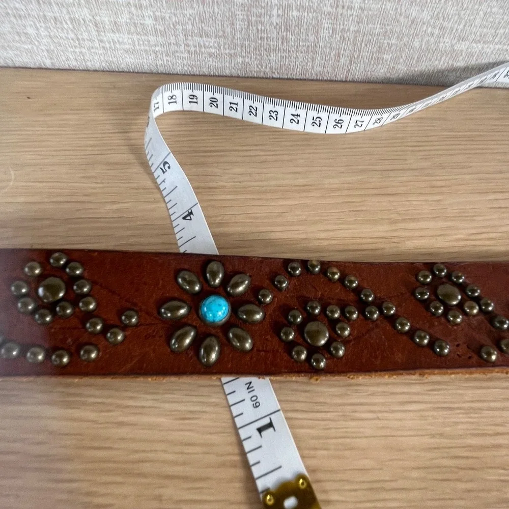 Vintage Brown Leather Studded Floral Turquoise Belt O-Ring Western Boho Cowgirl